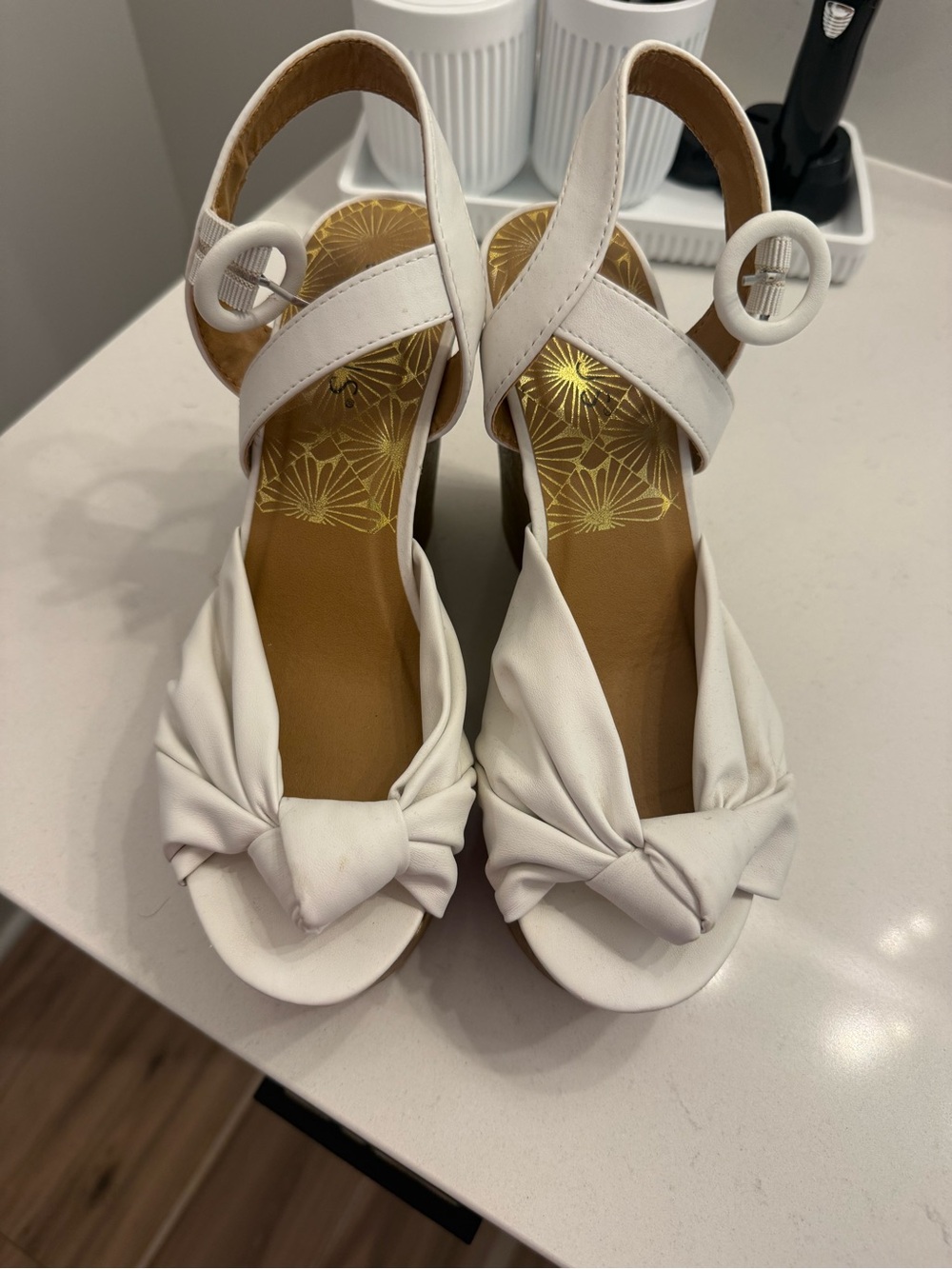 VENUS White Knot Front Slingback Heels with Buckle